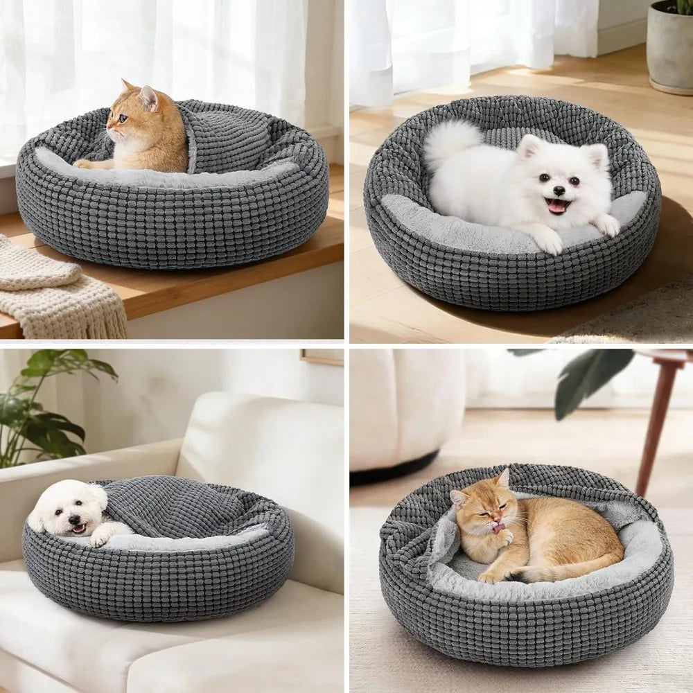 Dog Bed with Attached Blanket for Small Dogs Cats, Soft Plush Donut Cuddler Hooded Pet Bed Washable Round Puppy Bed with Anti-Slip Bottom 26inch