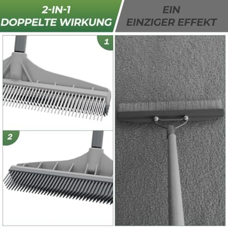 Carpet Rake for Pet Hair Removal, 2 in 1 Rug Rake to Fluff Carpet with Nylon Groomer Brush, Adjustable Long Handle for Shag Rug