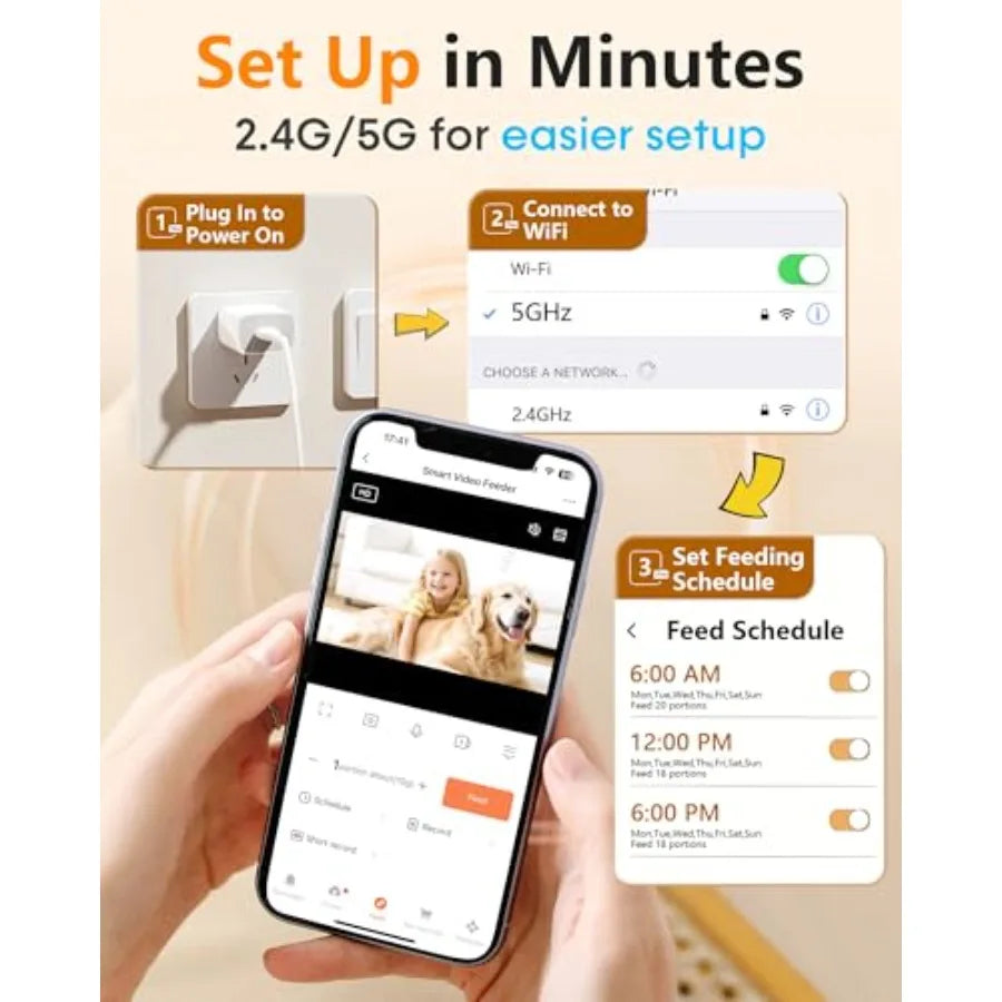 Automatic Dog Feeder Large Breed 12L 50 Cups with HD 1080P Camera 5G WiFi Anti-Clog Timed Feeder for Golden Retriever Busy Owne
