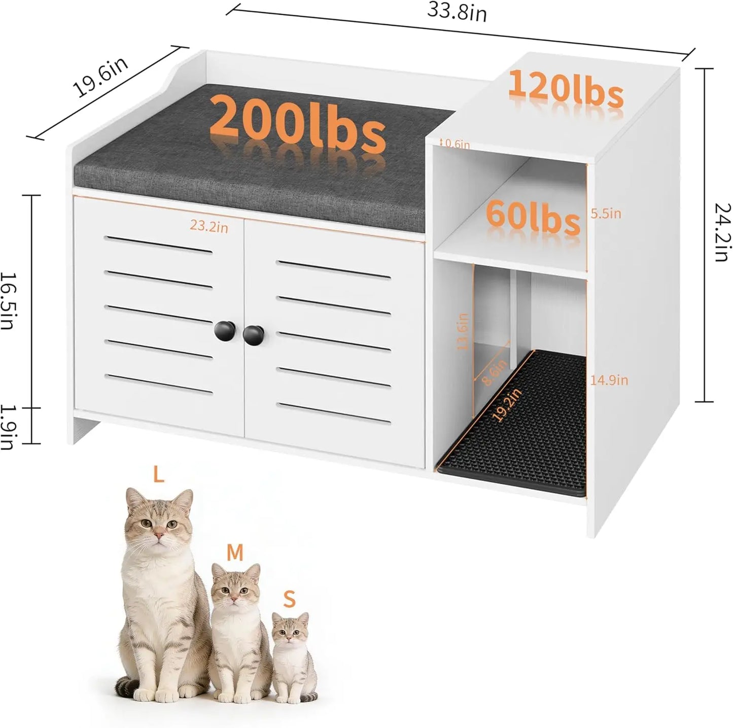 Cat Litter Box Enclosure Cabinet, Hidden Litter Box Furniture with Scratch Pad and Storage Shelf, Enclosed Cat House for Indoor Cats, White