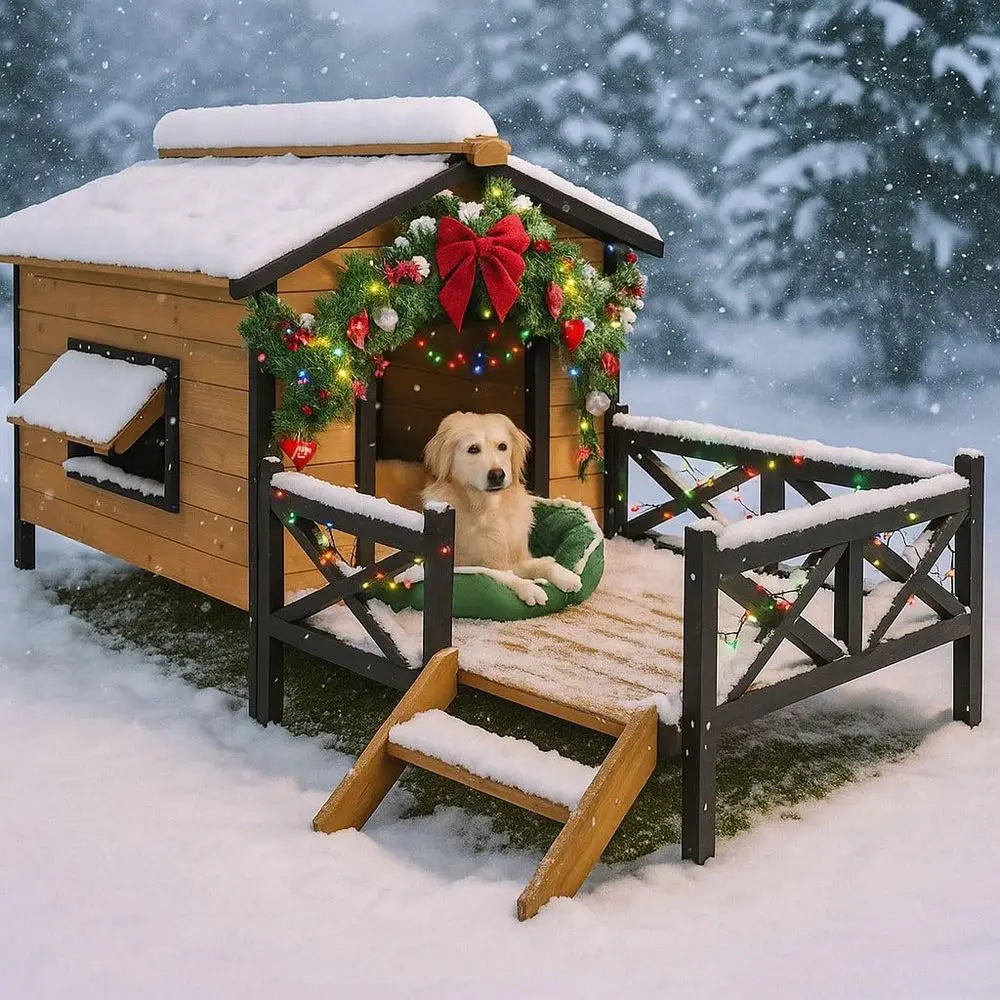 Large Dog House 43.3 L x 69.9 W x 32.7 H Cabin Style Elevated Outdoor Pet Shelter with Porch Deck