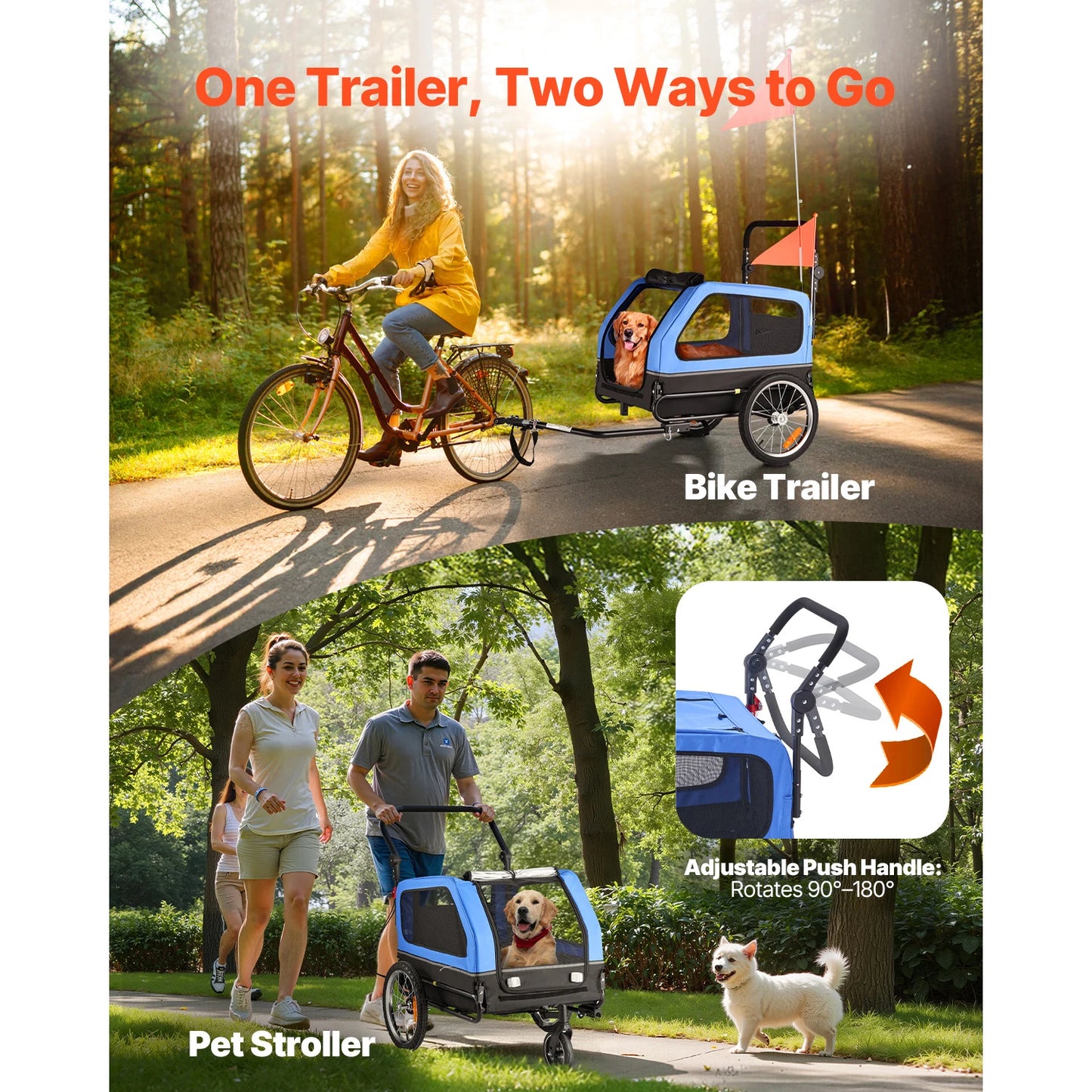 SucceBuy 88 lbs Dog Bike Trailer 2-in-1 Pet Stroller Cart Bicycle Carrier with Wheel & Universal Coupler for Small & Large Dogs