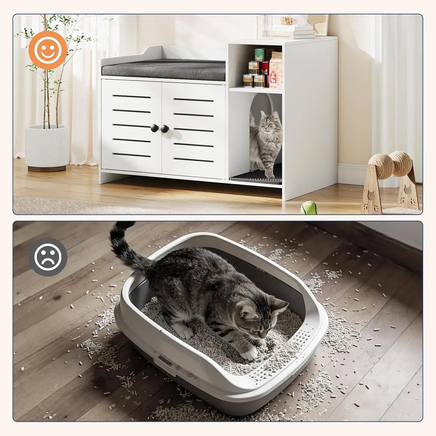 Cat Litter Box Enclosure Cabinet, Hidden Litter Box Furniture with Scratch Pad and Storage Shelf, Enclosed Cat House for Indoor Cats, White