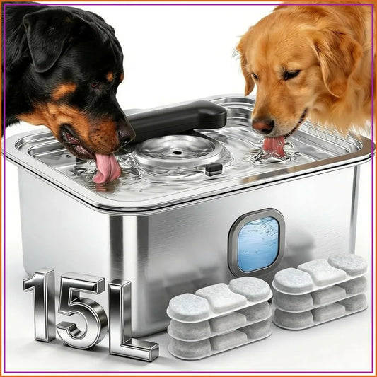 15L Stainless Steel Water Fountain for Large Dogs, Automatic Fresh Flow Pet Dispenser with Filter, 4Gal Extra Huge Refillable Indoor Bowl