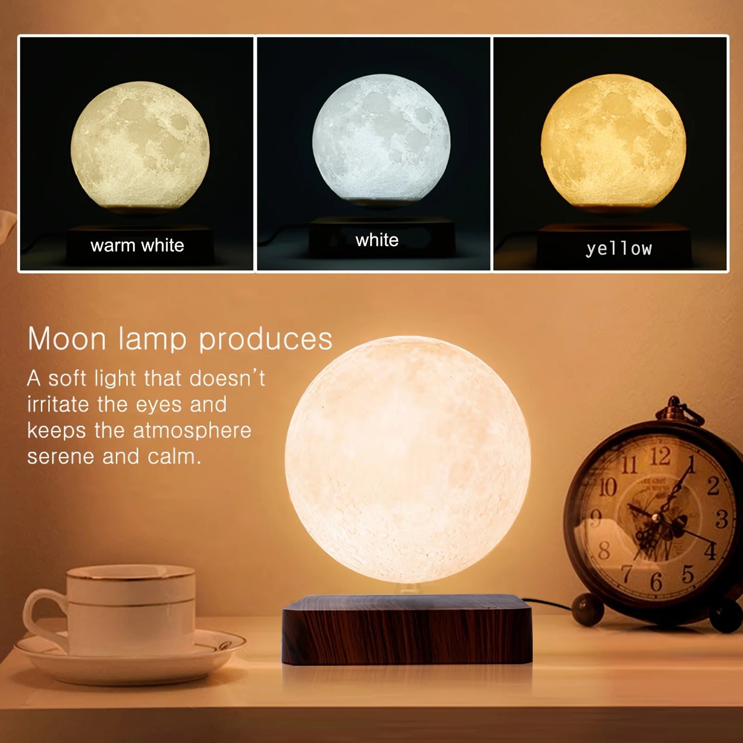 Mexllex Magnetic Floating Rotating Moon Lamp With Wooden Base 3 Color Temp LED