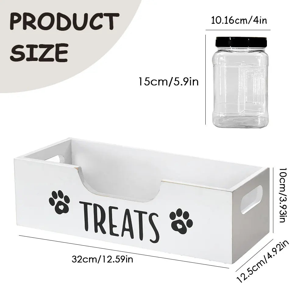 Wooden Pet Snack Storage Box with Plastic Treat Jar Food Storage Holder (White)