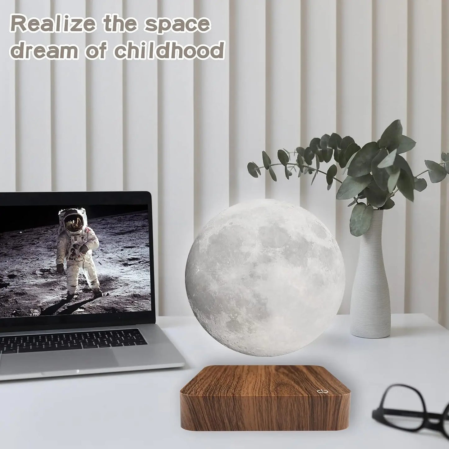 Mexllex Magnetic Floating Rotating Moon Lamp With Wooden Base 3 Color Temp LED