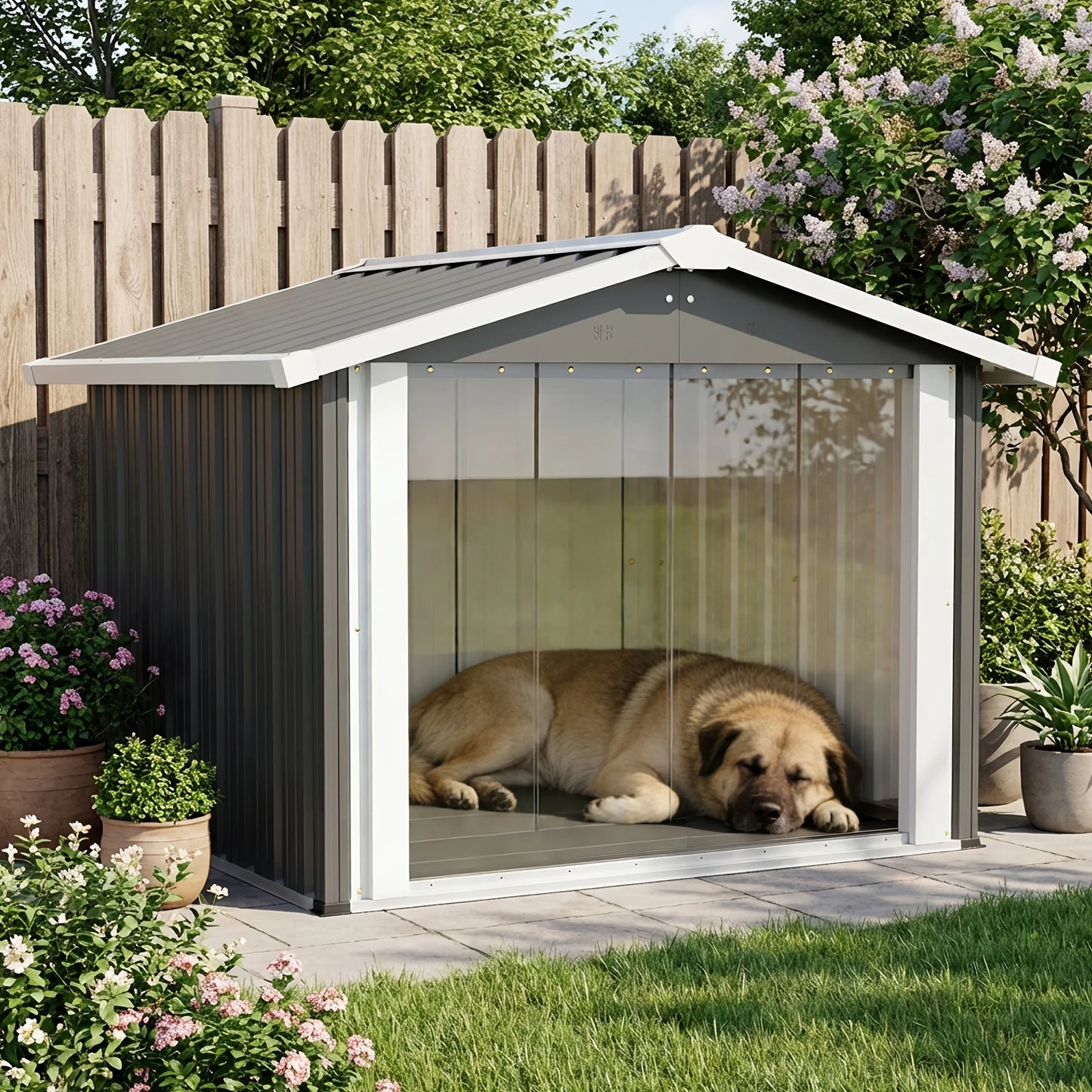 Weather-Resistant Outdoor Shelter That Serves As Both a Metal Dog House And a Storage Shed, Suitable for Medium to Large Dogs, Featuring a PVC Door And Ventilation, And Can Also Accommodate Pets Like Cats, Rabbits, And Chicke