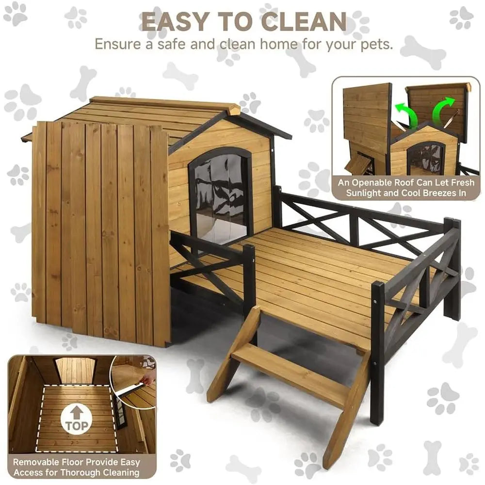 Large Dog House 43.3 L x 69.9 W x 32.7 H Cabin Style Elevated Outdoor Pet Shelter with Porch Deck