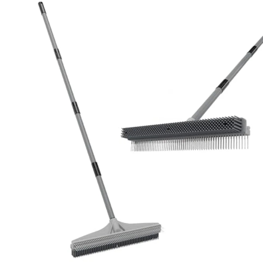 Carpet Rake for Pet Hair Removal, 2 in 1 Rug Rake to Fluff Carpet with Nylon Groomer Brush, Adjustable Long Handle for Shag Rug