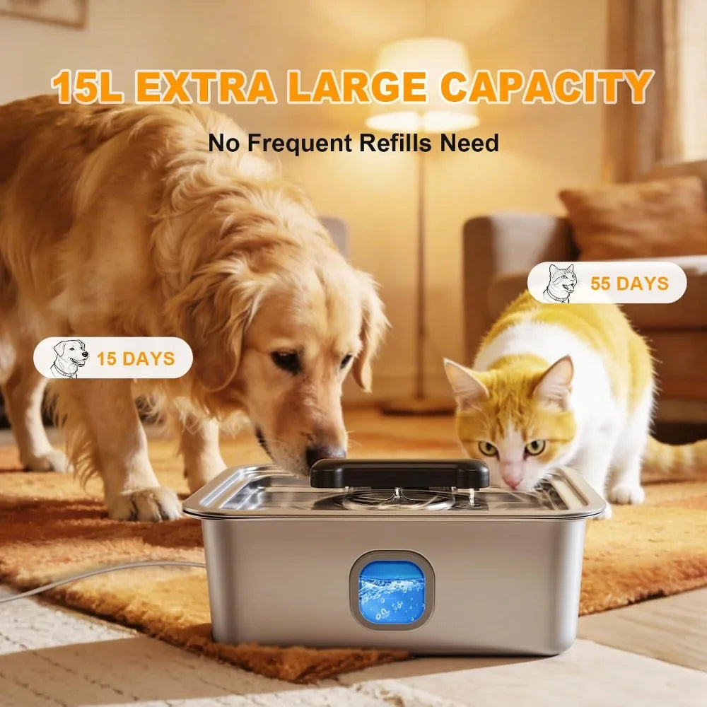 15L Stainless Steel Water Fountain for Large Dogs, Automatic Fresh Flow Pet Dispenser with Filter, 4Gal Extra Huge Refillable Indoor Bowl