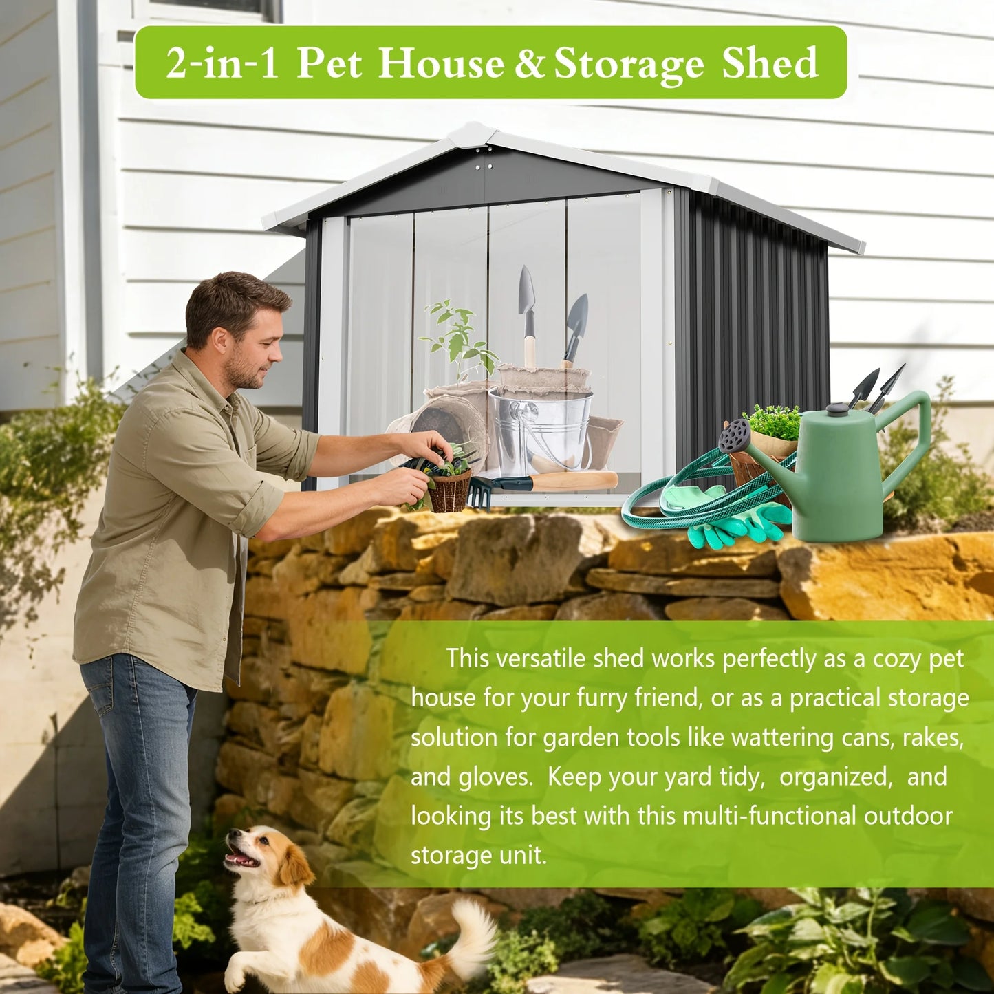 Weather-Resistant Outdoor Shelter That Serves As Both a Metal Dog House And a Storage Shed, Suitable for Medium to Large Dogs, Featuring a PVC Door And Ventilation, And Can Also Accommodate Pets Like Cats, Rabbits, And Chicke