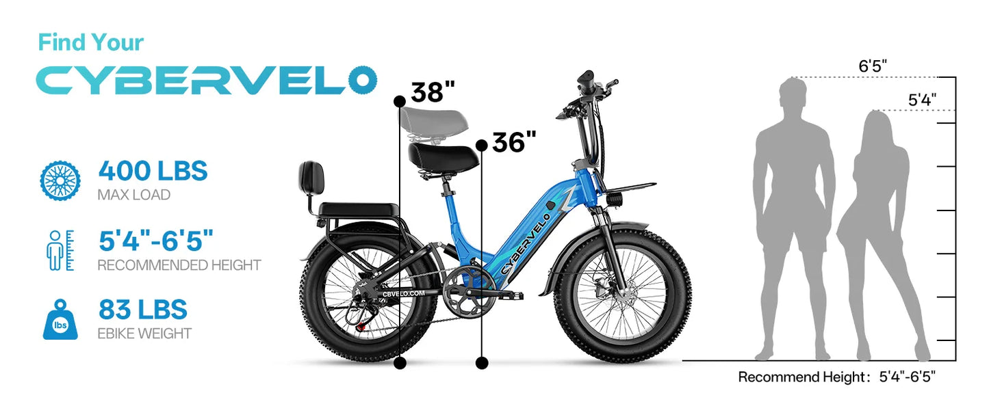 1000W Electric Bicycle for Adults, Cybervelo EK12 Step-Thru 20" Fat Tire E-bike 48V 20AH Removable Battery Shimano 7-Speed