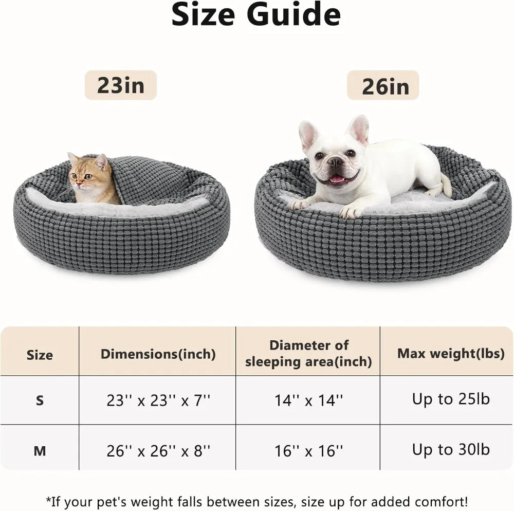 Dog Bed with Attached Blanket for Small Dogs Cats, Soft Plush Donut Cuddler Hooded Pet Bed Washable Round Puppy Bed with Anti-Slip Bottom 26inch