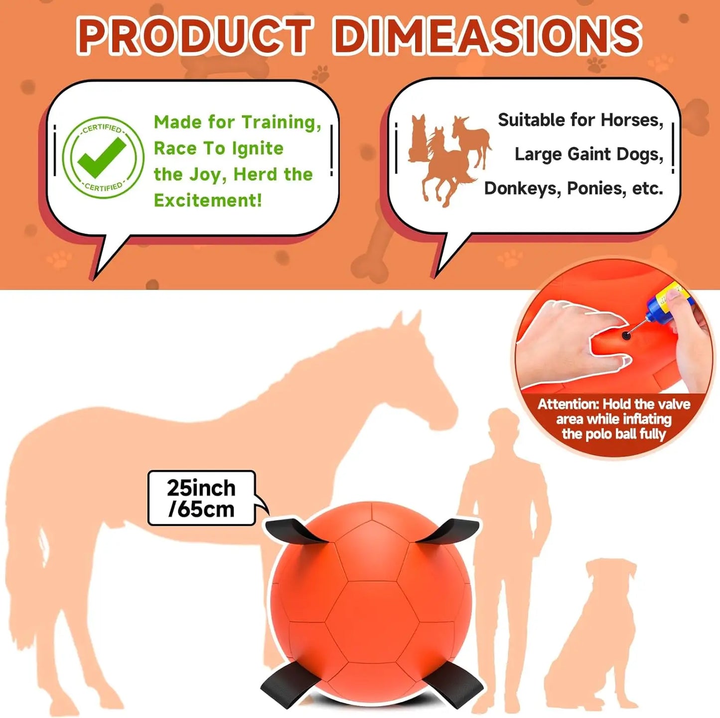 25 Inch Dog Herding Ball with Straps, Giant Toy for Australian Shepherd, Orange