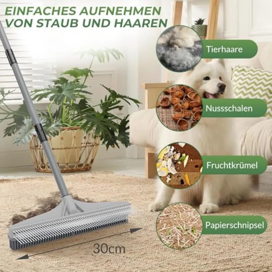 Carpet Rake for Pet Hair Removal, 2 in 1 Rug Rake to Fluff Carpet with Nylon Groomer Brush, Adjustable Long Handle for Shag Rug