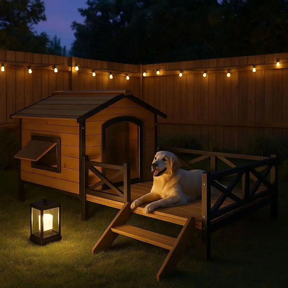 Large Dog House 43.3 L x 69.9 W x 32.7 H Cabin Style Elevated Outdoor Pet Shelter with Porch Deck
