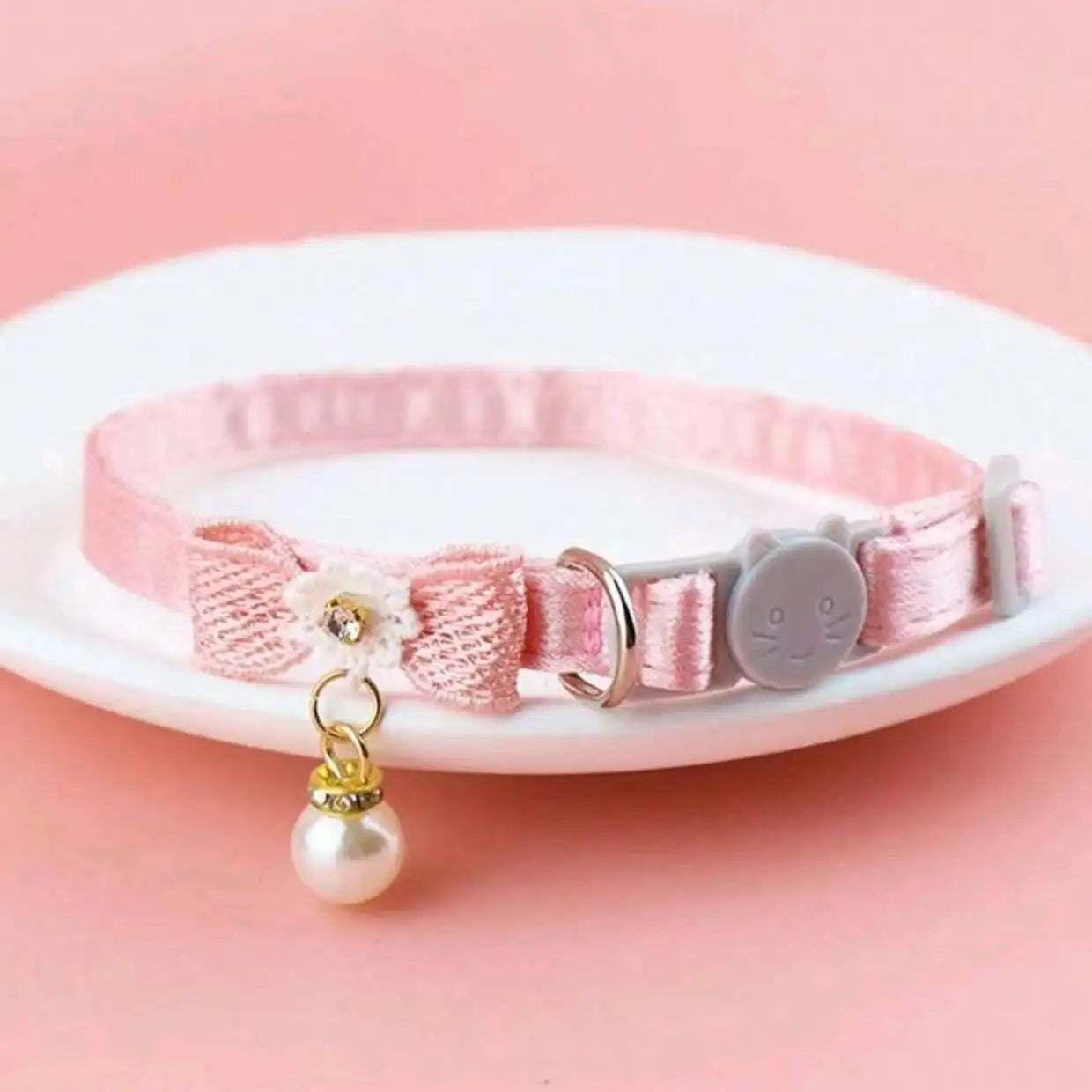 1pc Adjustable Polyester Cat Collar With Pearl Bead Decor, Suitable For Fashionable Pet Cats And Dogs