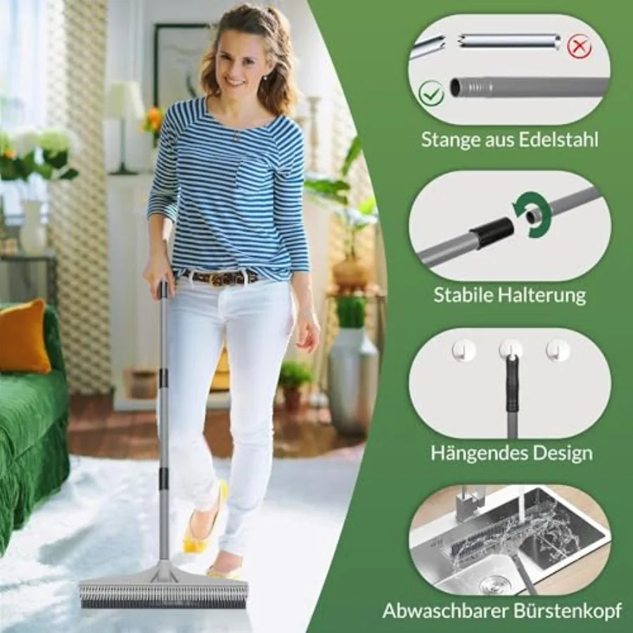 Carpet Rake for Pet Hair Removal, 2 in 1 Rug Rake to Fluff Carpet with Nylon Groomer Brush, Adjustable Long Handle for Shag Rug