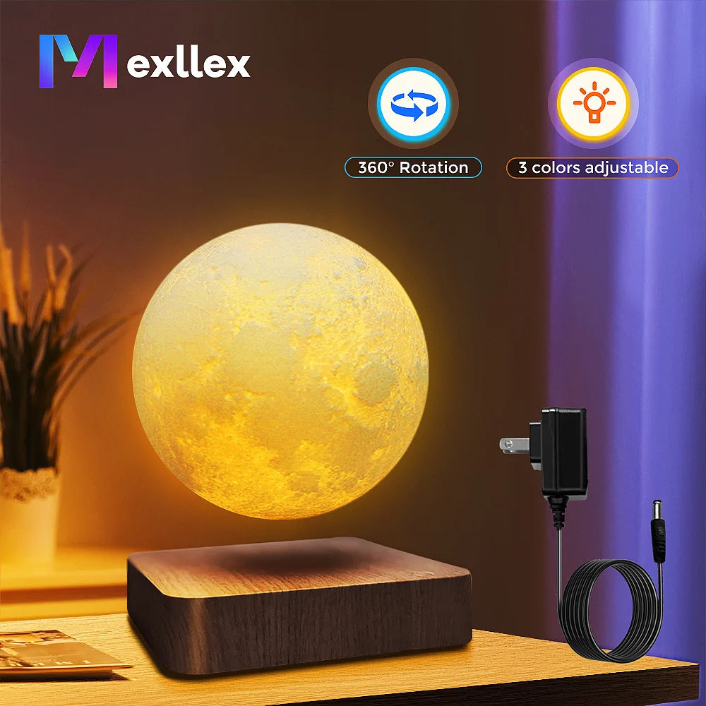 Mexllex Magnetic Floating Rotating Moon Lamp With Wooden Base 3 Color Temp LED