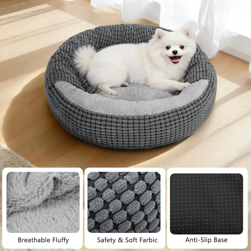 Dog Bed with Attached Blanket for Small Dogs Cats, Soft Plush Donut Cuddler Hooded Pet Bed Washable Round Puppy Bed with Anti-Slip Bottom 26inch