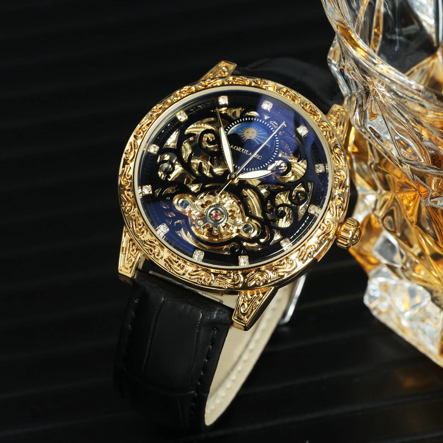 AOKULASIC Tourbillon Skeleton Automatic Mechanical Watch for Men Luminous Hands Engraved Case Leather Strap Retro Mens Watches