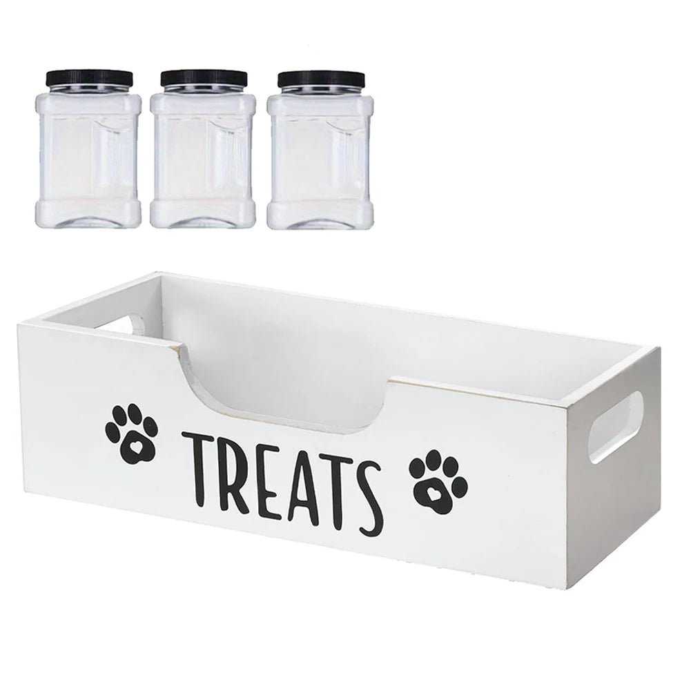 Wooden Pet Snack Storage Box with Plastic Treat Jar Food Storage Holder (White)