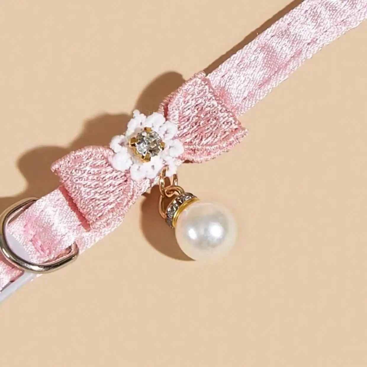 1pc Adjustable Polyester Cat Collar With Pearl Bead Decor, Suitable For Fashionable Pet Cats And Dogs