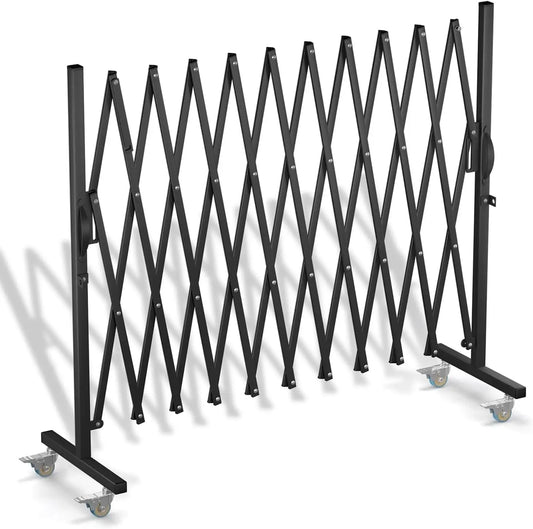 Indoor/Outdoor Use, Metal Dog Gate, Black Color, Expandable, Accordion Design with Casters, Wall Mountable