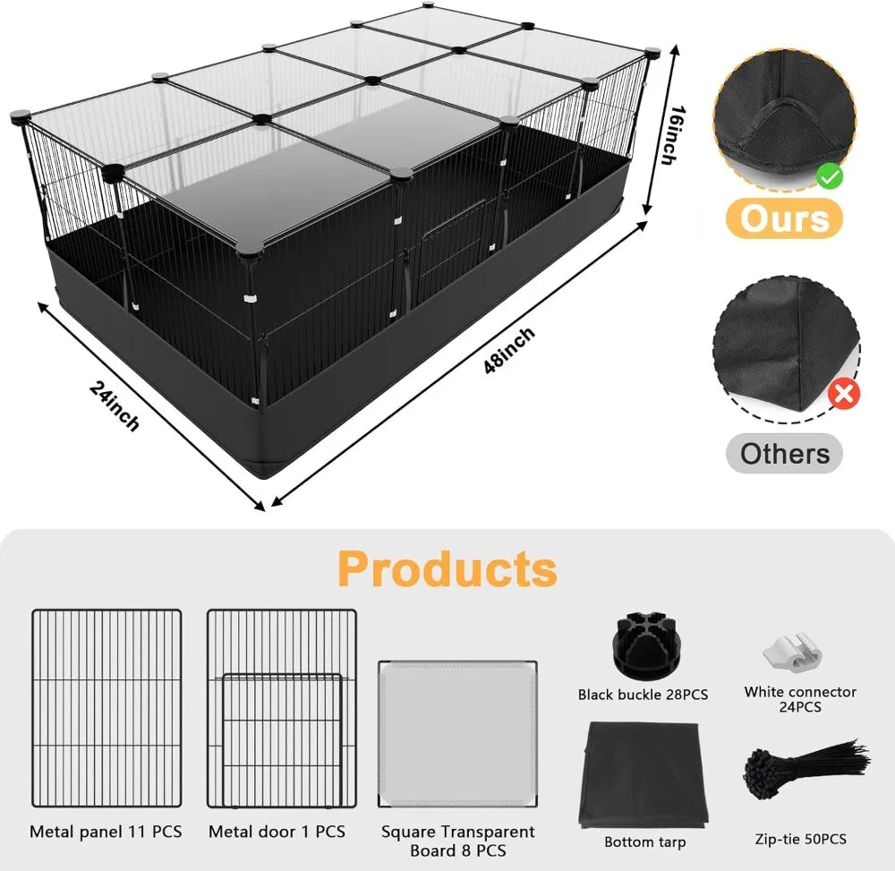 12-Panel C&C Guinea Pig Cage with Top Cover, Waterproof PVC Liner & Triple Fixing, 48x24x16 Inches for Bunny, Hedgehog, Hamster