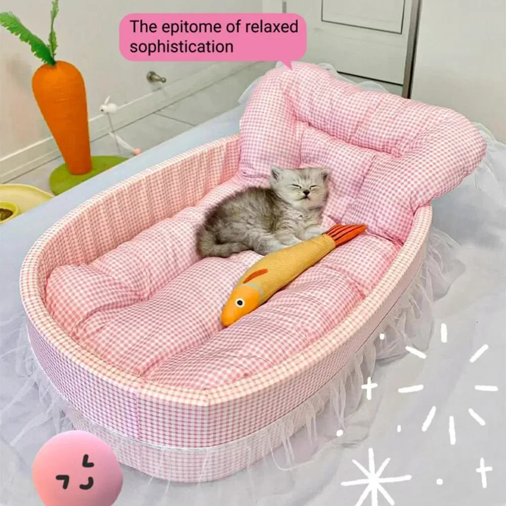 Cute Lace-Trimmed Pet Cat Princess Sofa Bed For Four Seasons  Washable and Removable Soft Plush Oval for Small Dogs/Cats