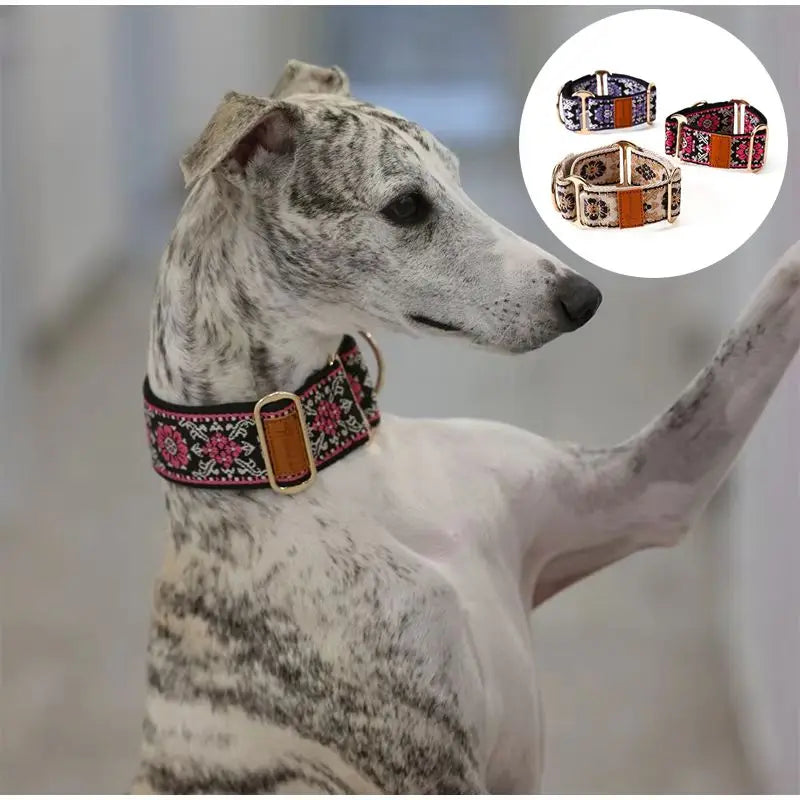 Adjustable Dog Collar Chinese Ethnic Style Martingale Greyhound Collar Patterned Anti-pull Collar Hand Washable Dog Accessory