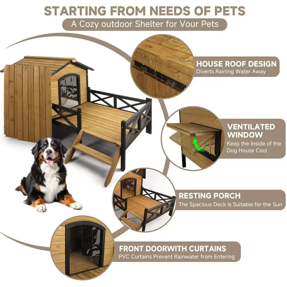 Large Dog House 43.3 L x 69.9 W x 32.7 H Cabin Style Elevated Outdoor Pet Shelter with Porch Deck