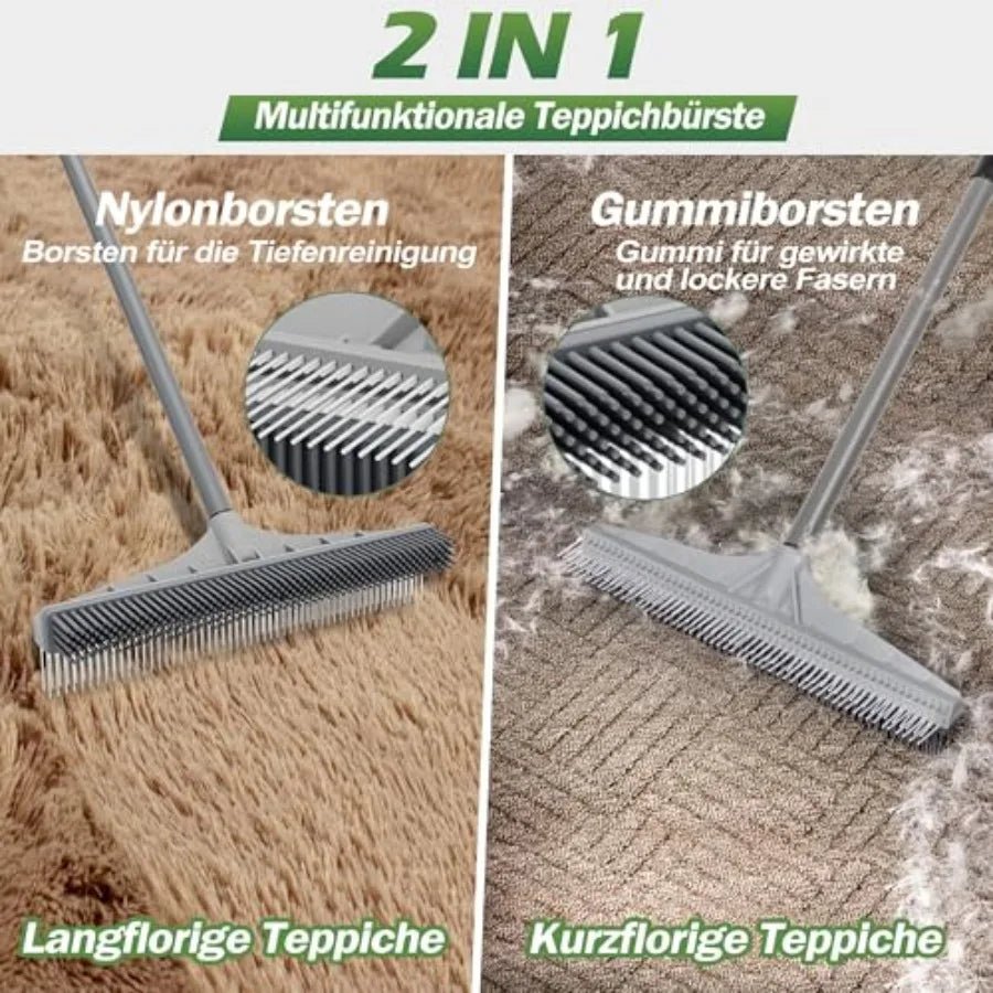 Carpet Rake for Pet Hair Removal, 2 in 1 Rug Rake to Fluff Carpet with Nylon Groomer Brush, Adjustable Long Handle for Shag Rug