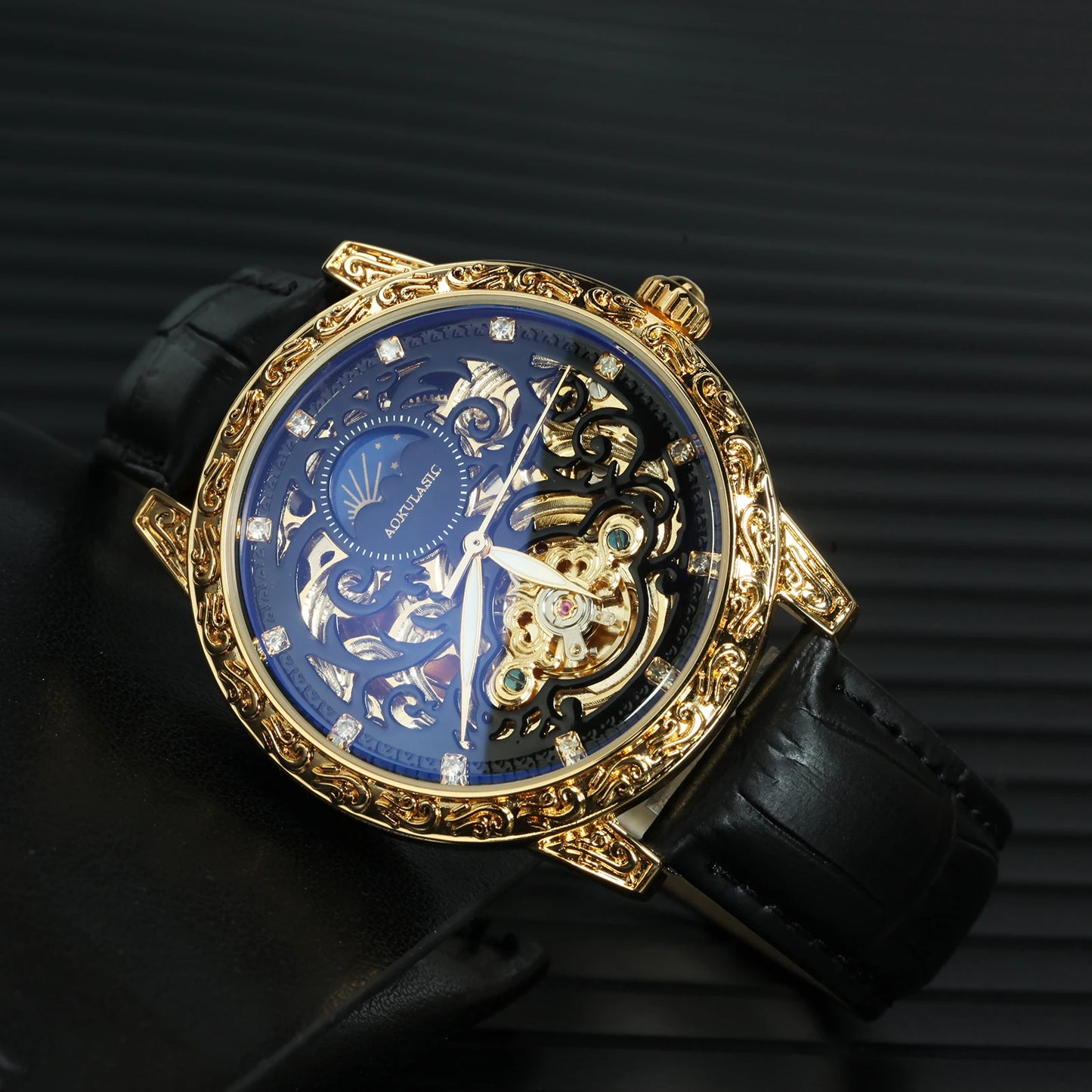 AOKULASIC Tourbillon Skeleton Automatic Mechanical Watch for Men Luminous Hands Engraved Case Leather Strap Retro Mens Watches