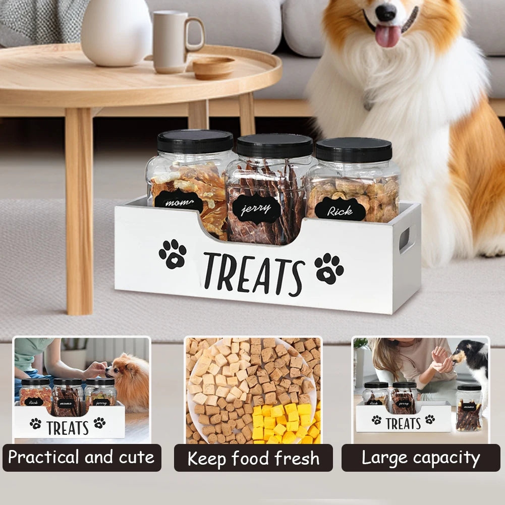 Wooden Pet Snack Storage Box with Plastic Treat Jar Food Storage Holder (White)