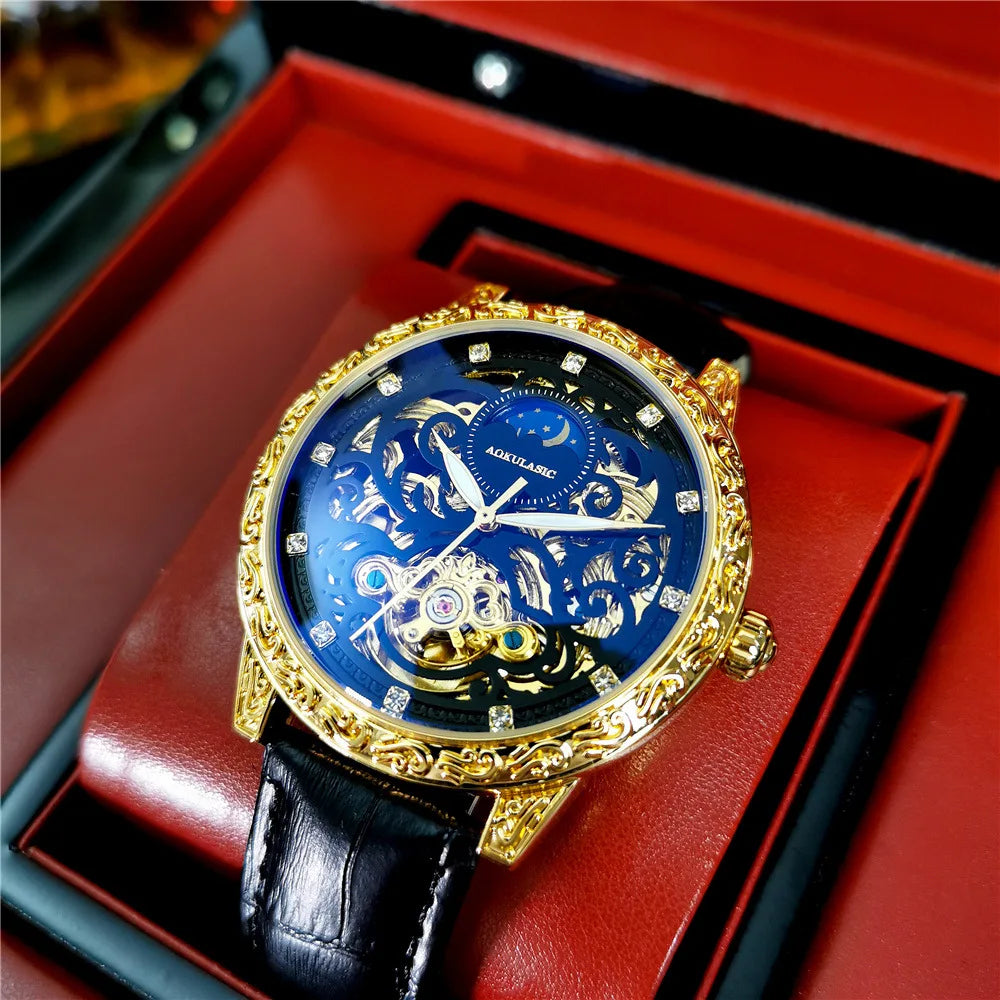 AOKULASIC Tourbillon Skeleton Automatic Mechanical Watch for Men Luminous Hands Engraved Case Leather Strap Retro Mens Watches
