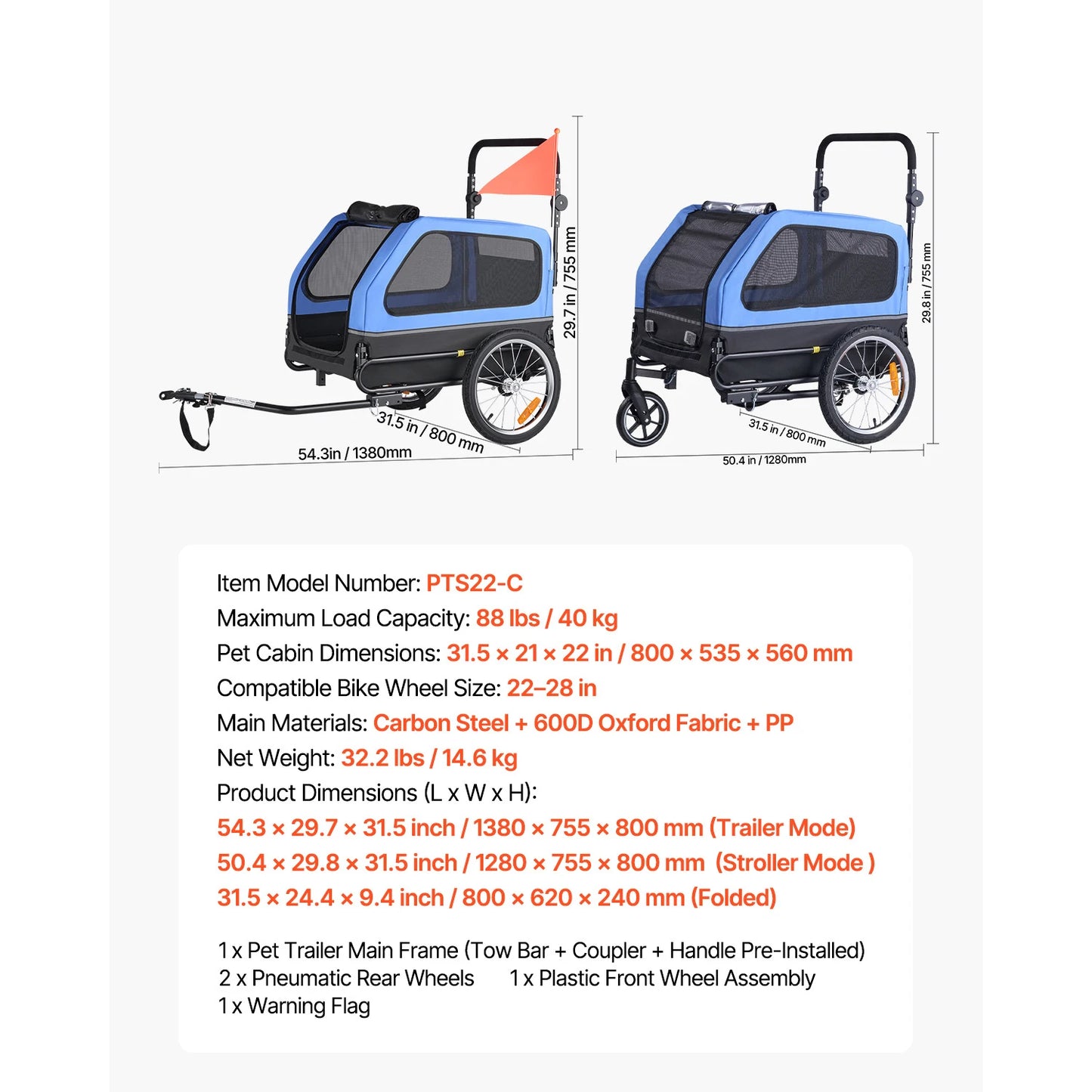 SucceBuy 88 lbs Dog Bike Trailer 2-in-1 Pet Stroller Cart Bicycle Carrier with Wheel & Universal Coupler for Small & Large Dogs