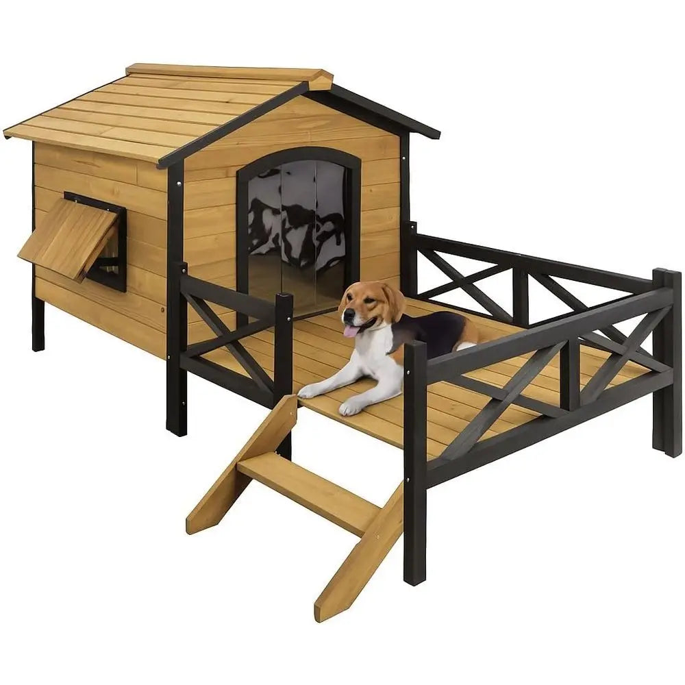 Large Dog House 43.3 L x 69.9 W x 32.7 H Cabin Style Elevated Outdoor Pet Shelter with Porch Deck