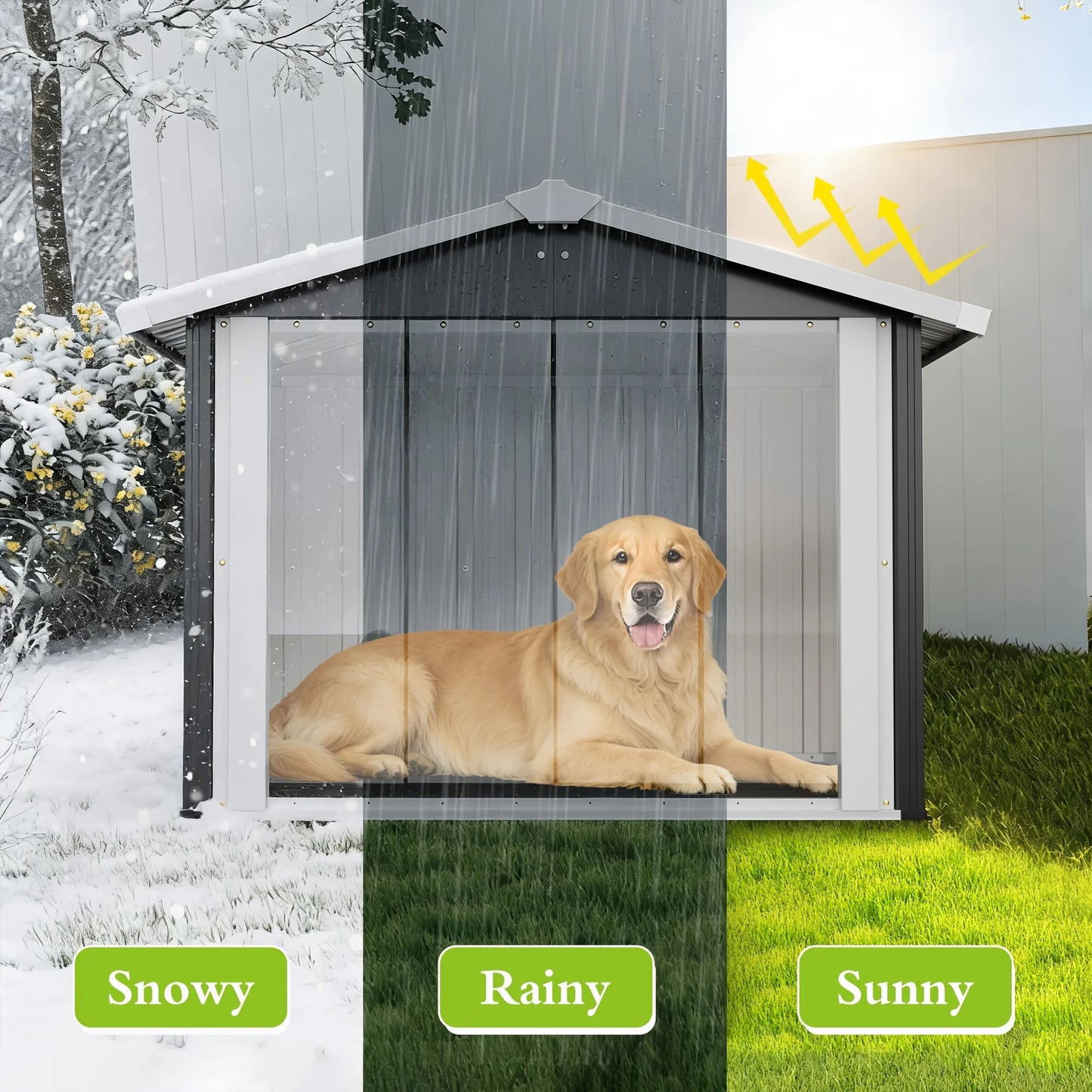 Weather-Resistant Outdoor Shelter That Serves As Both a Metal Dog House And a Storage Shed, Suitable for Medium to Large Dogs, Featuring a PVC Door And Ventilation, And Can Also Accommodate Pets Like Cats, Rabbits, And Chicke