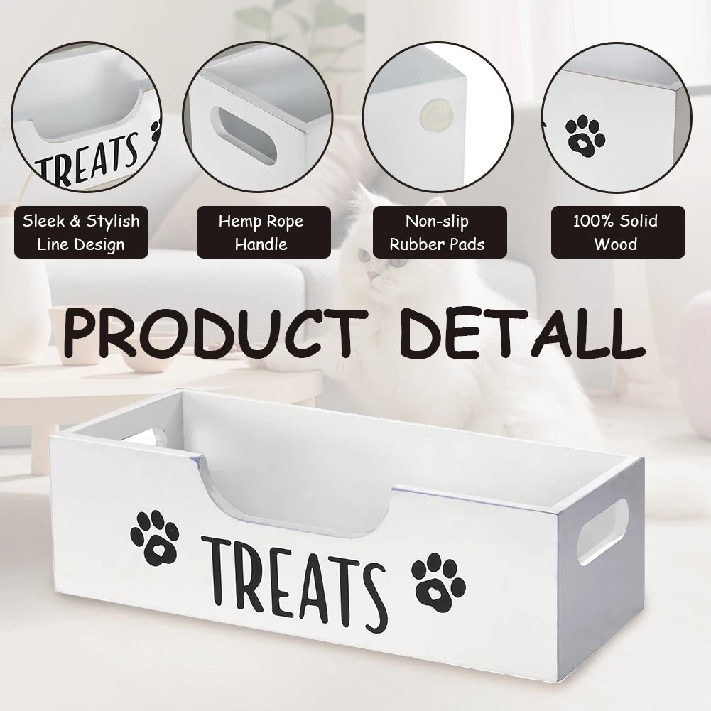 Wooden Pet Snack Storage Box with Plastic Treat Jar Food Storage Holder (White)