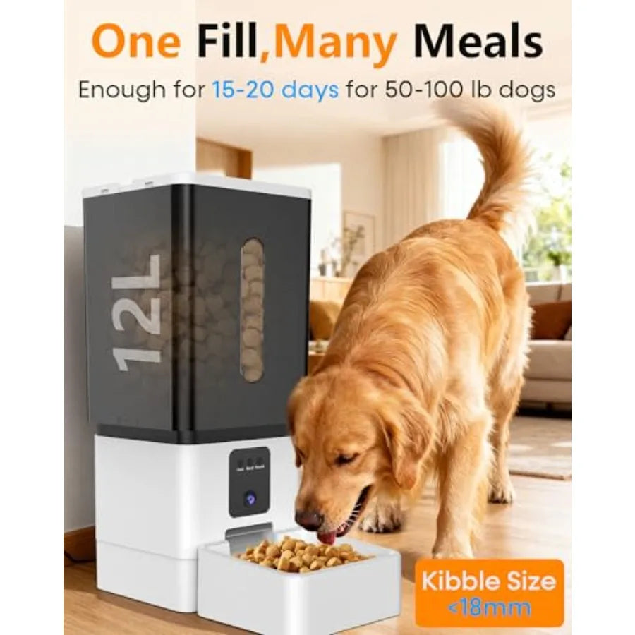 Automatic Dog Feeder Large Breed 12L 50 Cups with HD 1080P Camera 5G WiFi Anti-Clog Timed Feeder for Golden Retriever Busy Owne