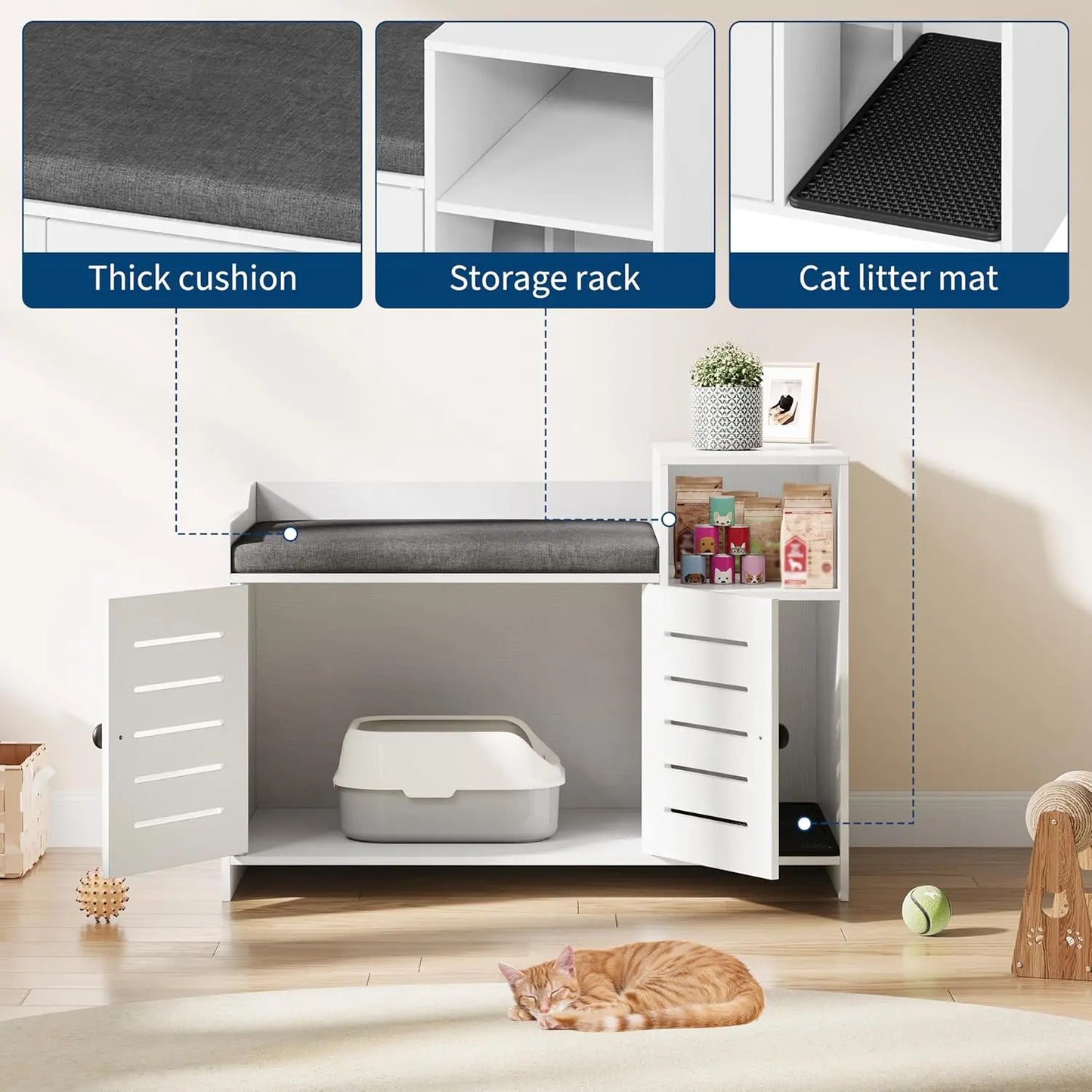 Cat Litter Box Enclosure Cabinet, Hidden Litter Box Furniture with Scratch Pad and Storage Shelf, Enclosed Cat House for Indoor Cats, White