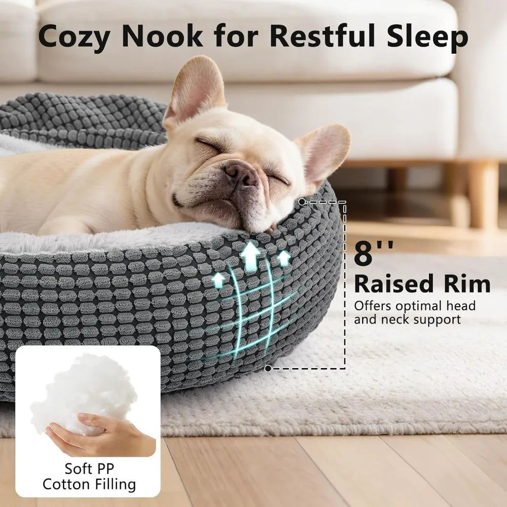 Dog Bed with Attached Blanket for Small Dogs Cats, Soft Plush Donut Cuddler Hooded Pet Bed Washable Round Puppy Bed with Anti-Slip Bottom 26inch