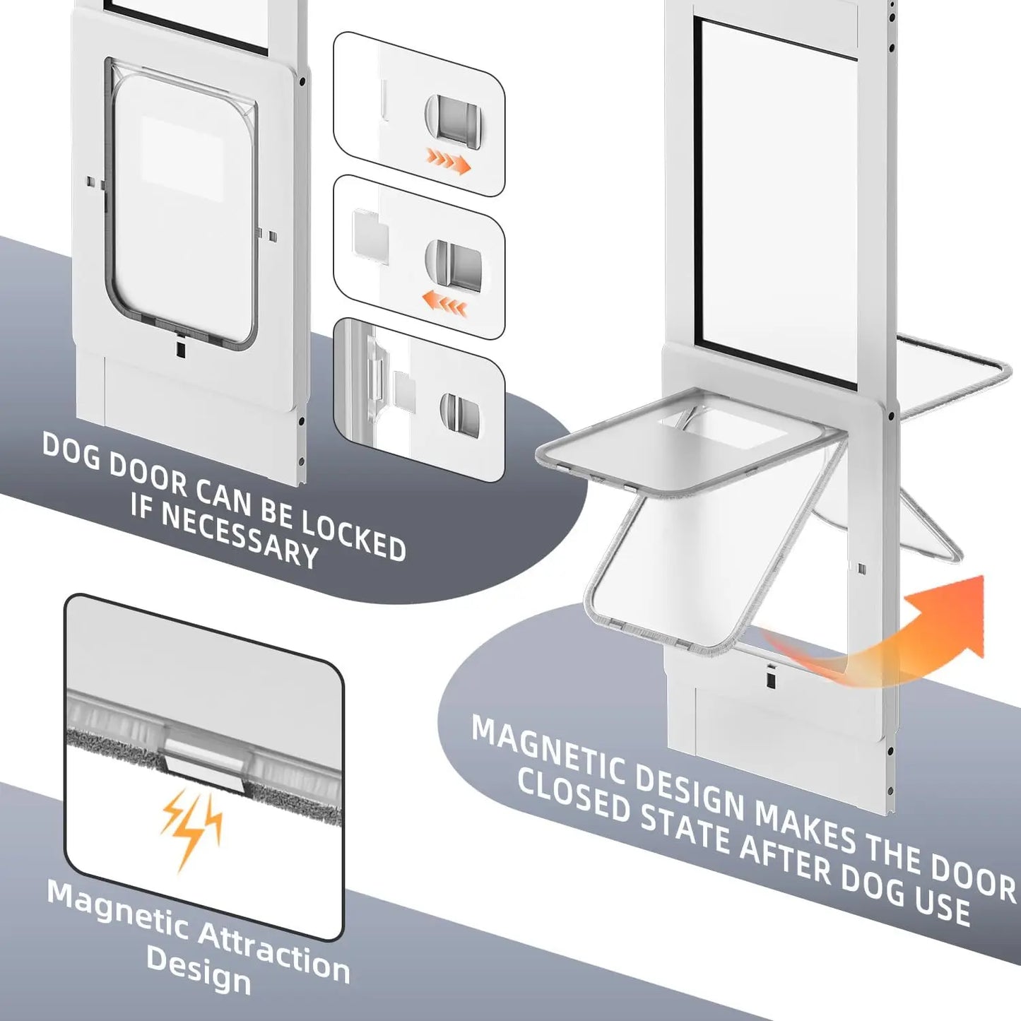 Sliding Glass Door, Magnetic Plastic, White, Adjustable Height No Cut Dog Door