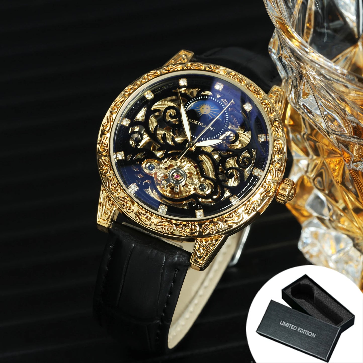 AOKULASIC Tourbillon Skeleton Automatic Mechanical Watch for Men Luminous Hands Engraved Case Leather Strap Retro Mens Watches