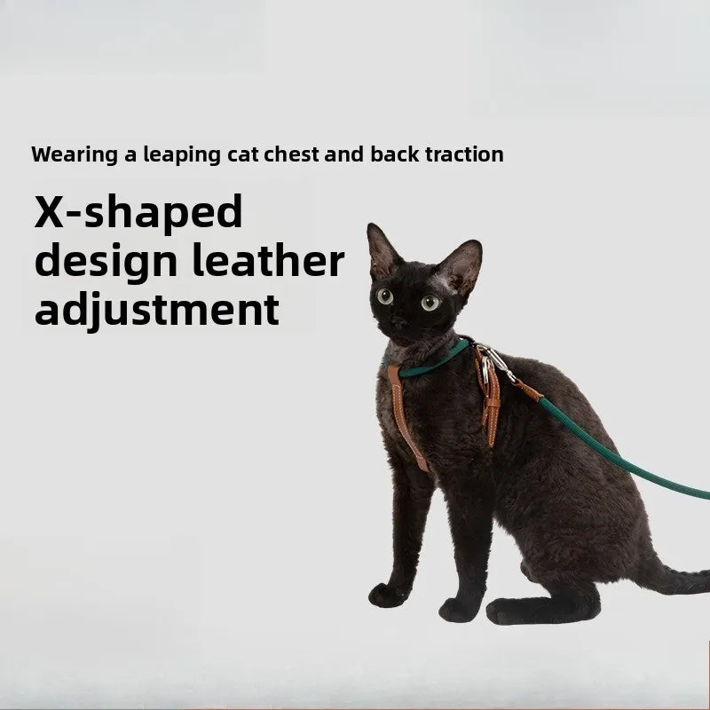 4-Gear Leather Cat Harness & Leash Set, X-Shape Escape Proof Walking Harness for Cats, 33g Lightweight, 1.3m Rope