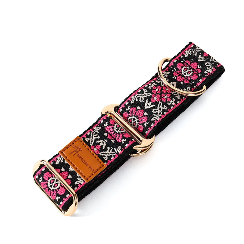 Adjustable Dog Collar Chinese Ethnic Style Martingale Greyhound Collar Patterned Anti-pull Collar Hand Washable Dog Accessory