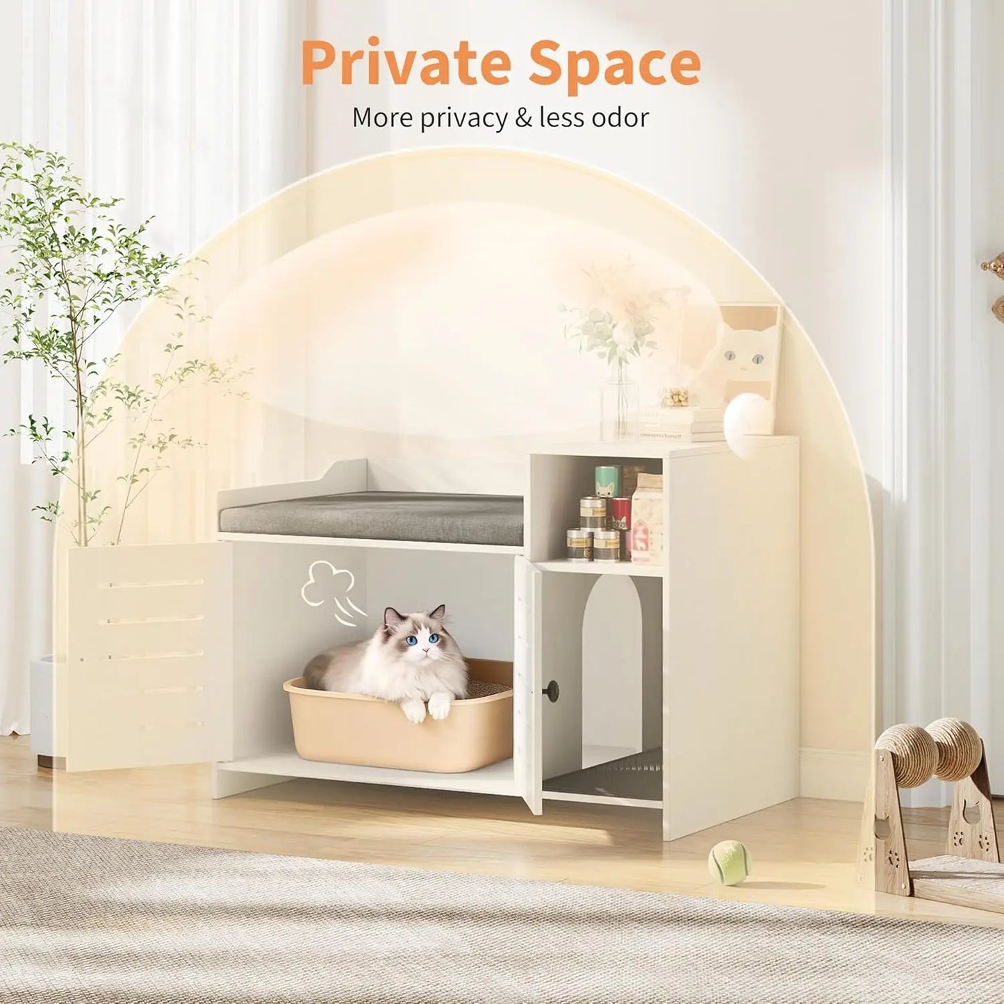 Cat Litter Box Enclosure Cabinet, Hidden Litter Box Furniture with Scratch Pad and Storage Shelf, Enclosed Cat House for Indoor Cats, White