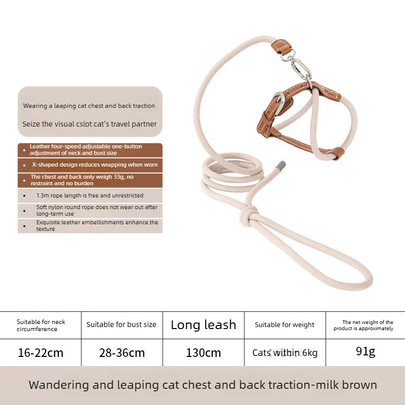 4-Gear Leather Cat Harness & Leash Set, X-Shape Escape Proof Walking Harness for Cats, 33g Lightweight, 1.3m Rope